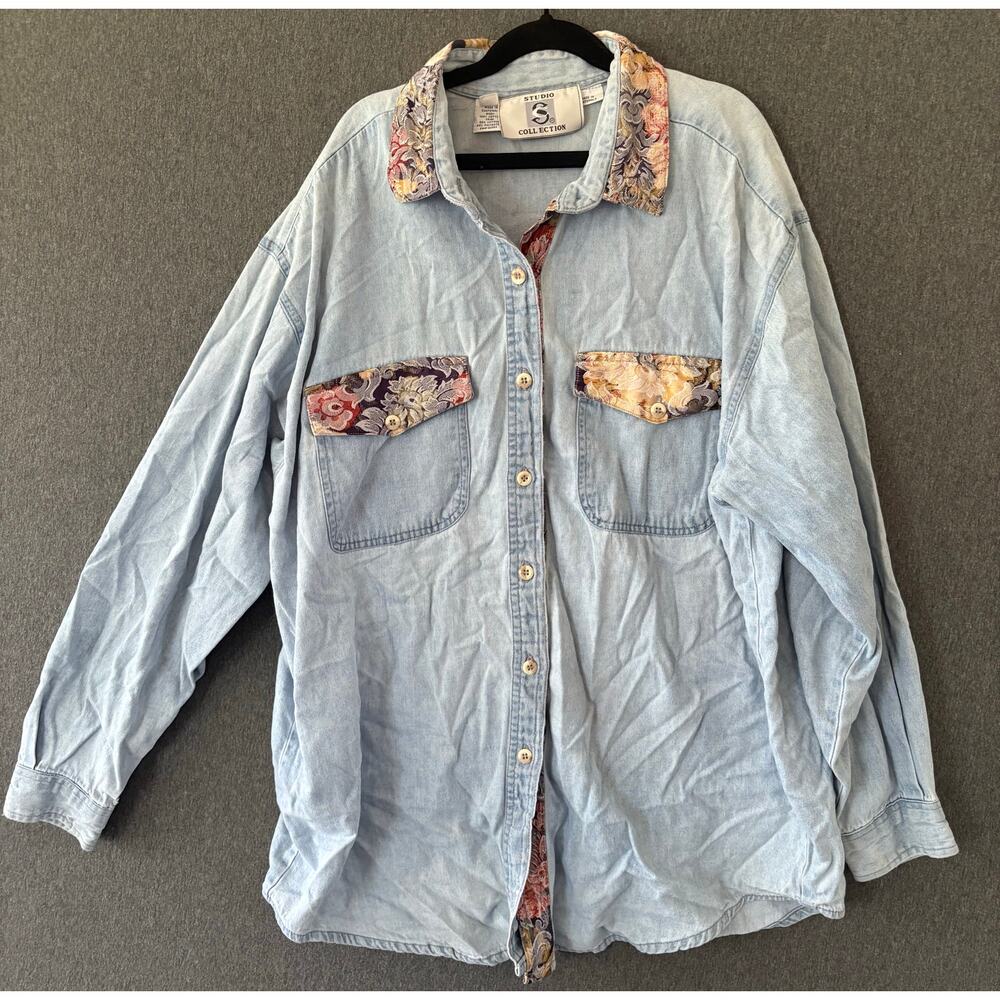 Studio Collection | VINTAGE Women's Denim Floral Shacket Shirt Jacket | Large